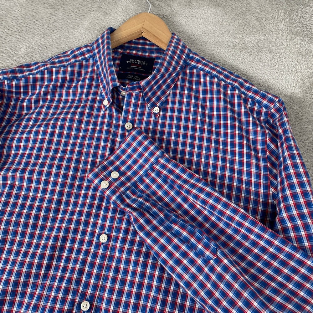 Charles Tyrwhitt Shirt Mens Large Blue Red Plaid Non Iron Extra Slim Fit Weekend